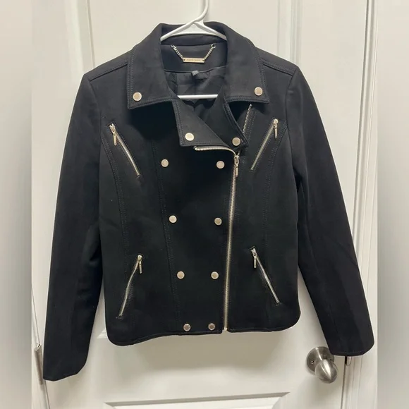 White House Black Market Black Faux Suede Moto Jacket - Silver Hardware Sz 8 - Picture 3 of 14
